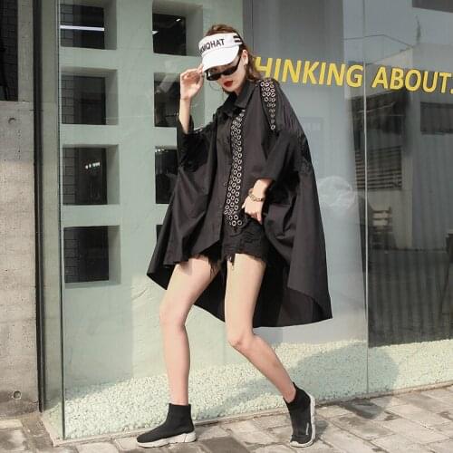 Spring Autumn Womens Shirt Blouse Top Oversized Batwing Sleeve Black Loose Big Size Asymmetry Shirts Clothes Fashion