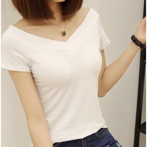 New V-Neck T-Shirt Women Tops 2018 summer Short Sleeve Cotton Solid Casual Slim T Shirts Kawaii Korean Tee Shirt Femme Camiseta