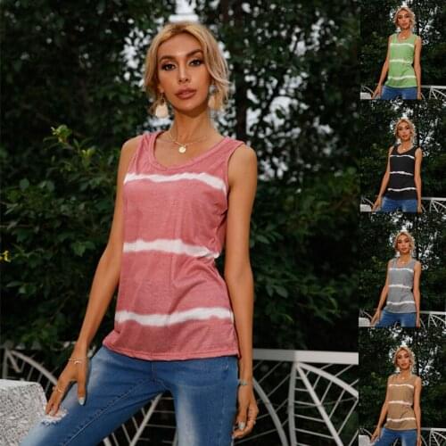 2021 Womens Summer Sleeveless Pocket Tie-Dye Printed Striped Vest Tops Ladies Fashion Casual Loose Streetwear T-Shirt Plus Size