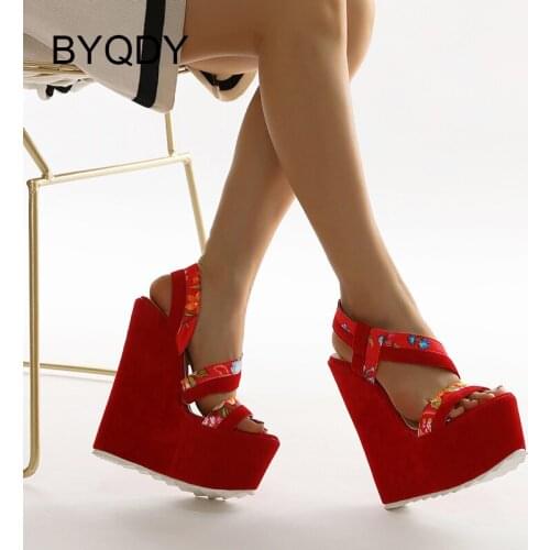 BYQDY 2021 Summer News Flock Women Sandals Open Toe Red Printed Flowers Female Wedding Sandals Overheight Lady Shoes Size 35-42
