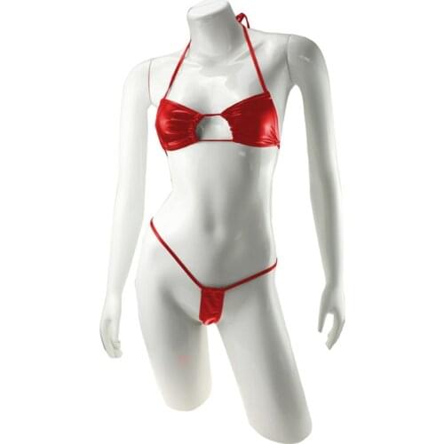 Faux Leather Ladies Swimwear Sexy Thongs Bikini Split Thongs Swimsuit Set Black Red Yellow