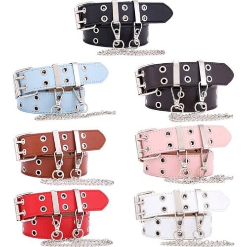 Women Punk Chain Fashion Belt Adjustable Double/Single Row Hole Eyelet Waistband with Eyelet Chain Decorative Belts