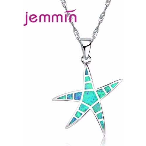 Hot Women Choker Necklaces With Blue Fire Opal Stone Simple 925 Sterling Silver Sea Star Pendant Necklace For Anniversary