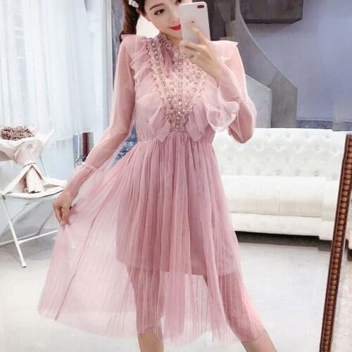 2019 High Quality Spring summer dress Women Lace Dress Casual Long Sleeve Plus Size Women Clothing Female A Line Dresses