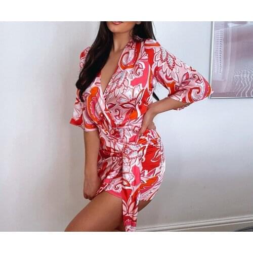 XEASY 2021 Summer Women Beach Style Vintage Casual V-neck Red Print Dress Female Slim Wrap Tie Long Sleeve Mini Dresses