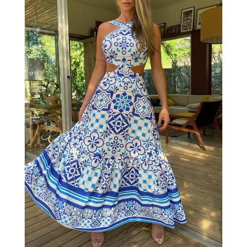 Vintage Printed Halter Dresses Summer 2021 Women Sleeveless Sexy Long Dress A-Line Elegant Woman Pary Dress