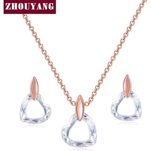 ZHOUYANG Jewelry Set For Women OL Lady Love Heart Clear Crystal Rose Gold Color Necklace Earring Gift Fashion Jewelry S253