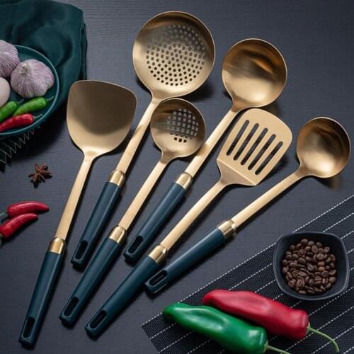 1Pcs Stainless Steel Kitchenware Set Emerald Gold-plated Spatula Soup Spoon Frying Spatula Colander Cooking Tools Cookware