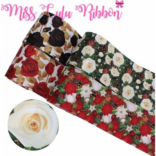 16mm-75mm Christmas Series Retro Flower Bell Printed Grosgrain/Foe Ribbon DIY Hair Bowknots Party Decor 50yards/roll