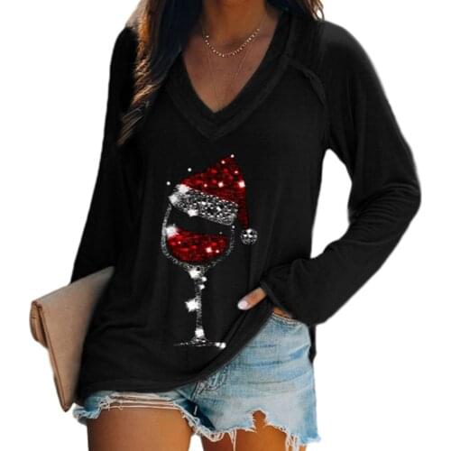 2021 Long Sleeve Christmas Women T shirts Fashion Casual Loose V neck Red Wine Glass Print Pullovers Female Tees