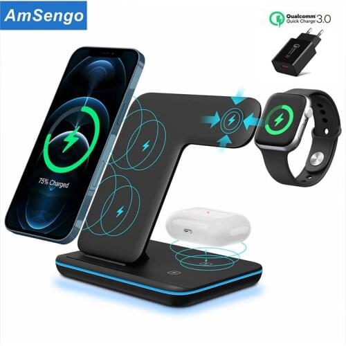 Amsengo 3 in 1 Qi Wireless Charger Stand 15W For iPhone 12 11 XR X 8 AirPods Pro For iWatch 6 5 4 Wireless charging Dock Station