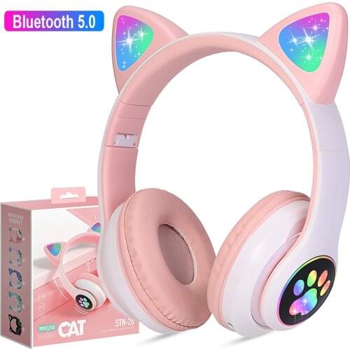 Flash Light Cute Cat Ear Wireless Headphone with Microphone Bluetooth Noise Cancelling Headphones Gamer Support TF Card Gifts