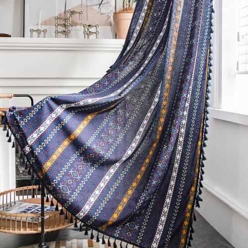 Bohemian Small Window Showcase Room Curtain Cotton And Linen Semi-shade Bedroom Bay Window Navy Blue Tassel Strip Curtain