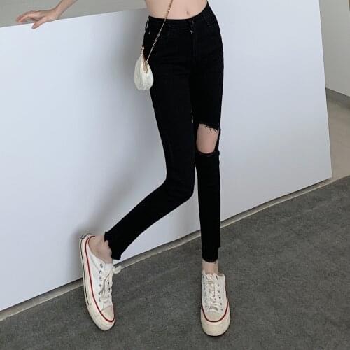 Hole Black Skinny Korean Vintage Clothes WomenS High Waist Trousers Fashion Jeans Pants For Girls Streetwear 2021 Autumn