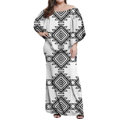 Hycool Samoan Malu Tattoos Print Long Bodycon Evening Dresses Plus Size Women Sexy Off Shoulder Ruffle Maxi Elegant White Dress