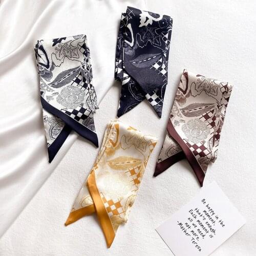KOI LEAPING Aesthetic flower printing long silk scarf female Literary hair decorative scarf headband tie wrist strap bag belt