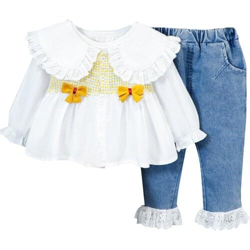 Baby girls outfit Girls clothing set 2 pcs Set Baby Suit Long sleeve Ruffle Lace shirt +jeans Kids Clothes infant Suit
