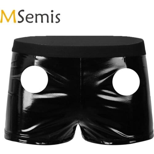 MSemis Latex Shorts Sexy Panties Underwear Mens Wet Look Leather Shorts Lingerie Front Two Holes Boxer Gay Rave Dance Costume