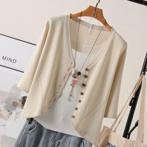 Lightweight Knitted Solid Women Sweater Cardigan Summer New 2021 V-Neck Button Half Sleeved Loose Elegant Office Lady Tops