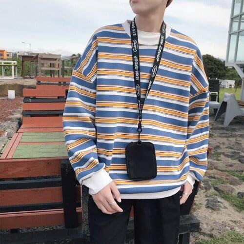 2020 Korean Style Mens Fashion Stripe Hoodies Round Collar Coat Velvet Pullovers Loose Casual Red/blue/yellow Sweatshirt S-2XL