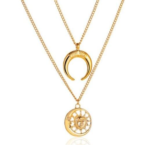 Retro Double Layer Sun Moon Pendant Necklace Gold Color Alloy Clavicle Chain Necklace for Women Collar Party Jewelry Gift