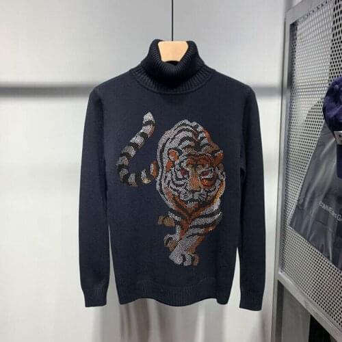 Warmth 2021 Tiger Rhinestone Cashmere Luxury Turtleneck Sweater Mens Slim Hot-Selling Sweatshirt Top Casual Pullover