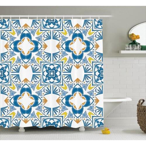 Traditional House Shower Curtain Tunisian Mosaic with Azulojo Spanish Influence Authentic Retro Arabesque Bathroom Curtains