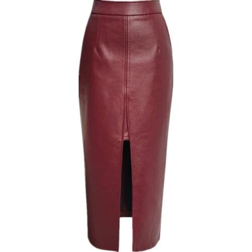 New autumn winter PU Leather Skirt Women Shinny high Waist Slim Elegant Office Lady Split Package Hip skirt
