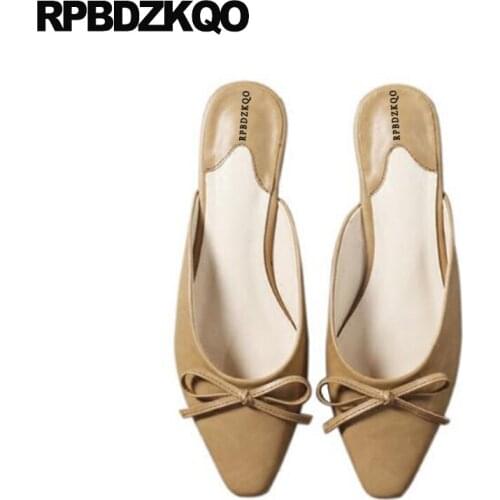 Women Sandals 2018 Summer Flat Slides Mules Slippers Spring Big Size Brown Bowtie Shoes Slip On Cheap Closed Toe Bow Cute Korean