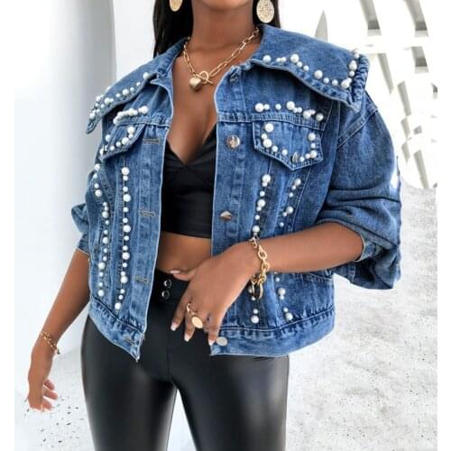 2021 Autumn Winter Women Fashion Denim Jacket Elegant Beading Appliques Loose Coat Female Blue Short Outwear Casual Streetwear