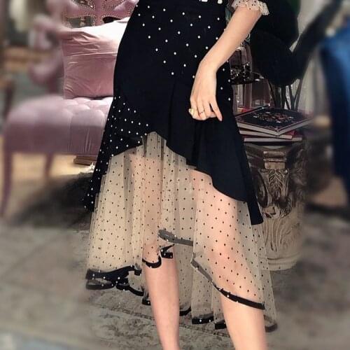 2021 fashion temperament retro mesh splicing irregular skirt black nail beaded fishtail skirt Chiffon polka-dot skirt sexy skirt