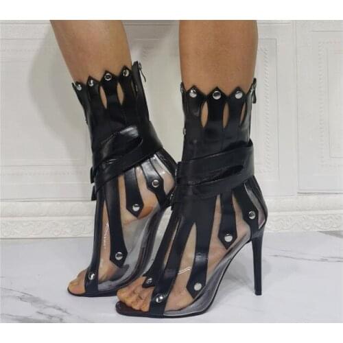 Dipsloot Newest Woman Sexy Black Leather Clear PVC Patchwork Rivets Peep Toe Short Boots Ladies Stiletto Heels Mid-calf Booties