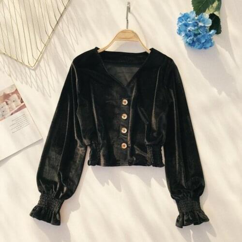 Womens Cardigan V Neck Solid Color Long Puff Sleeves Slim Waist Short Velvet Top Wholesale Winter New Vintage Female Clothes