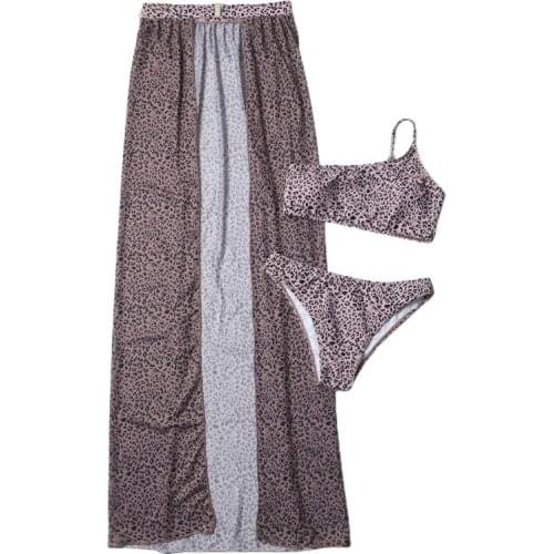 40GC Women 3pcs Bikini Set Leopard One Shoulder Swimsuit with Beach Skirt Cover Up