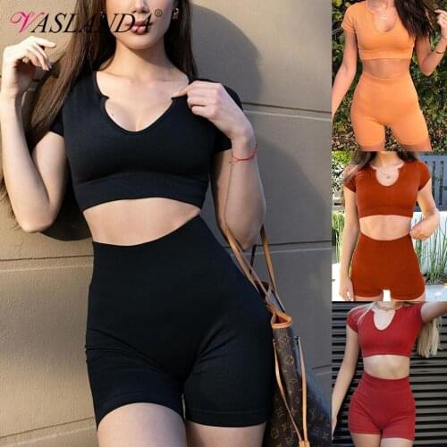 Women Workout Sets 2 Pieces Ribbed Exercise Outfits Yoga Shirts Crop Tops High Waist Sport Shorts Running Suits Tracksuits