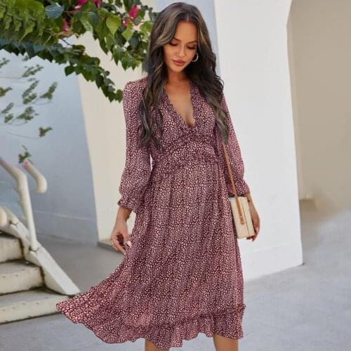 Elegant Women Long Dress Floral Print Deep V Neck Spring Long Sleeve Large Ruffle Hem Midi Dress Streetwear Beach Maxi Dress