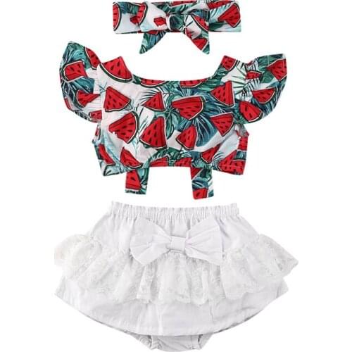 3Pcs Summer Kid Girls Clothes Fashion Watermelon Print Vest+Ruffle Shorts+Headband Girls Outfits Kids Clothing For Girls Sets