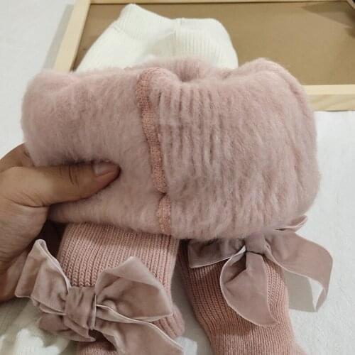 Winter warm tights for girls pantyhose velvet lined with big bow soft thicken childrens pantyhose solid color princess fashion