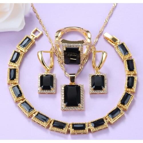 Gold-Color African Women Accessories Earrings And Necklace Jewelry Set Black Cubic Zirconia Rectangle Jewelry