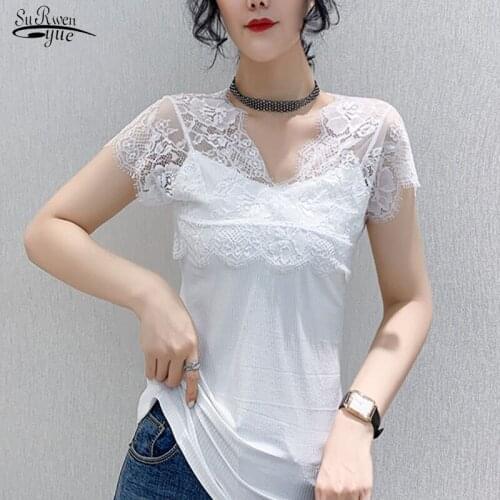 2021 Summer Casual Womens Tops and Blouses Plus Size Short Sleeve Women Shirts Sexy Lace Shirt blusas mujer de moda 9893