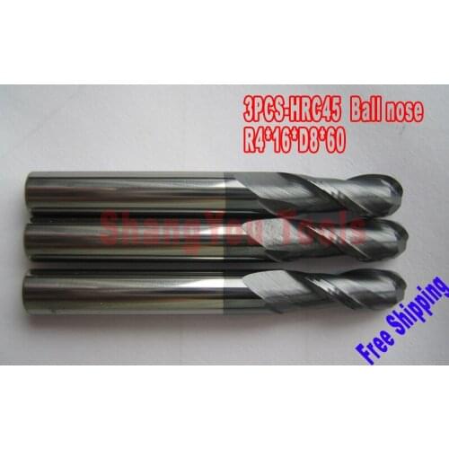 3pcs 8mm 2 Flutes Milling tools Milling cutter Ball nose End Mill CNC router bits hrc45 R4*16*D8*60