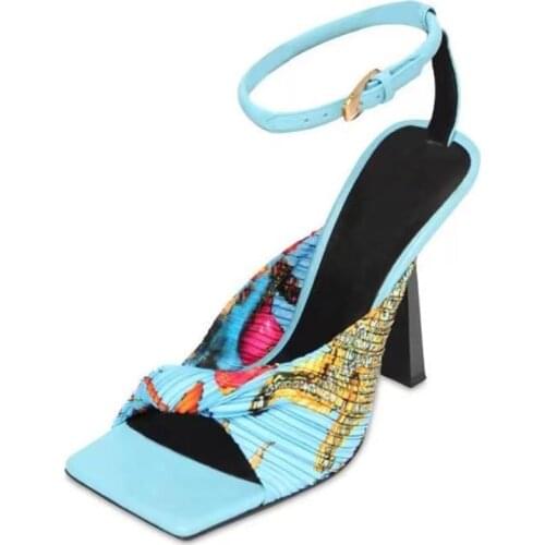 Floral Sandals Shoes Women Big Size 10.5 Ankle Strap Thin High Heels Sexy Dress Shoes Square Toe Summer Popular