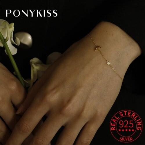 PONYKISS Trendy S925 Sterling Silver Moon And Star Zircon 14K Gold Bracelets For Women Fine Jewlry Delicate Gift Drop Shipping