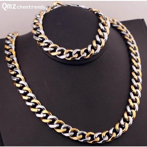 Stainless Steel Men Women Punk Gold Steel Cuban Chain Necklace Bracelets Fine Statement Jewelry Sets For gift 12mm 60cm