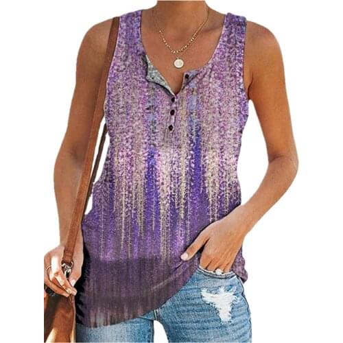 Women Summer Sleeveless Tie Dye T-shirt Casual Harajuku Print Loose V-neck Button Tank Top Female Gradient Vest Tops