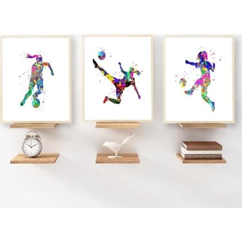 Soccer Wall Art Soccer Gift Art Canvas Painting Watercolor Girls Soccer Party Posters Wall Pictures Girls Kids Room Home Decor