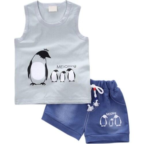 Summer childrens round neck penguin vest two-piece cotton vast+short pants three color