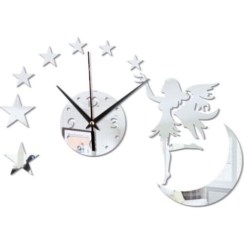 GZ091 Flower Fairy Moon Star Mirror Acrylic Wall Clock Bedroom Living Room Decoration Wall Sticker Clock
