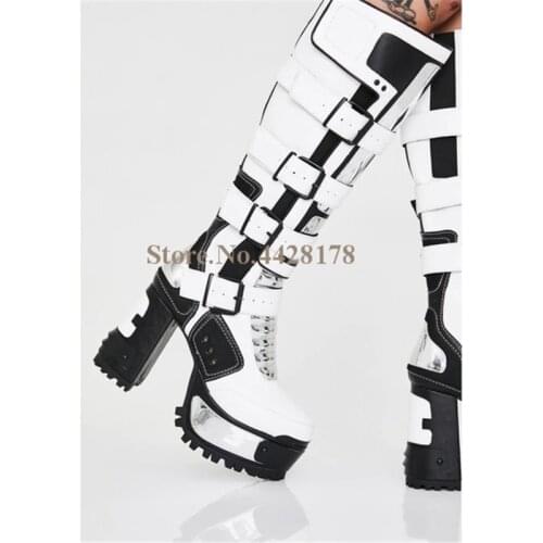 Newest Women Chunky Heels Motorcycle Knee High Boots Winter Patchwork Buckle Strap Platform Boots High Heels Shoes Woman 2020