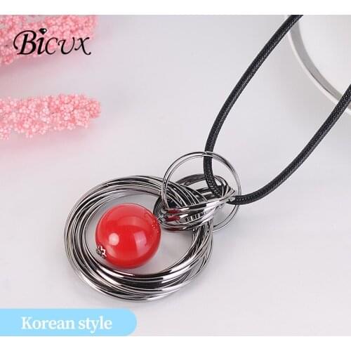 BICUX Fashion Korean Long Alloy Round Resin Pendant Necklace for Women Men Party Temperament Simple Double Necklace Jewelry Gift